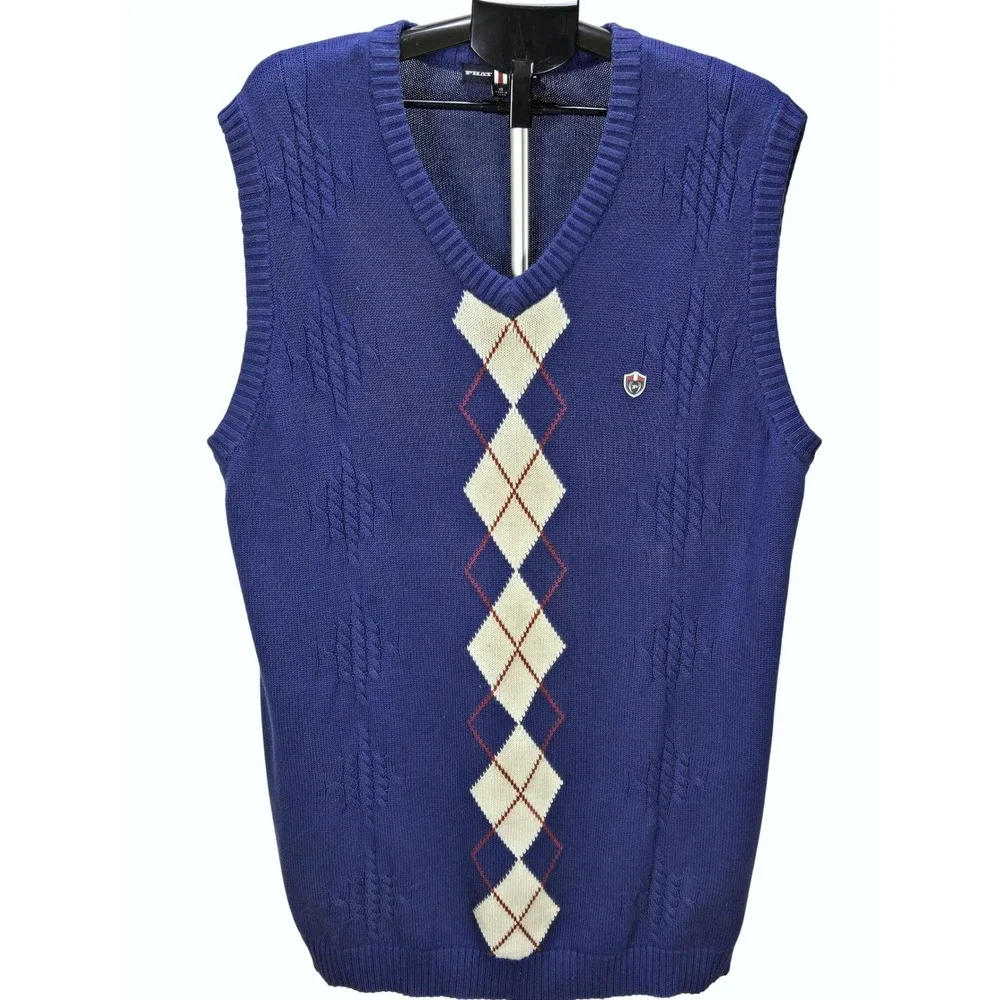 Men's Y2K Phat Farm XL Blue Argyle Cable Knit V-Neck Sweater Vest Heritage